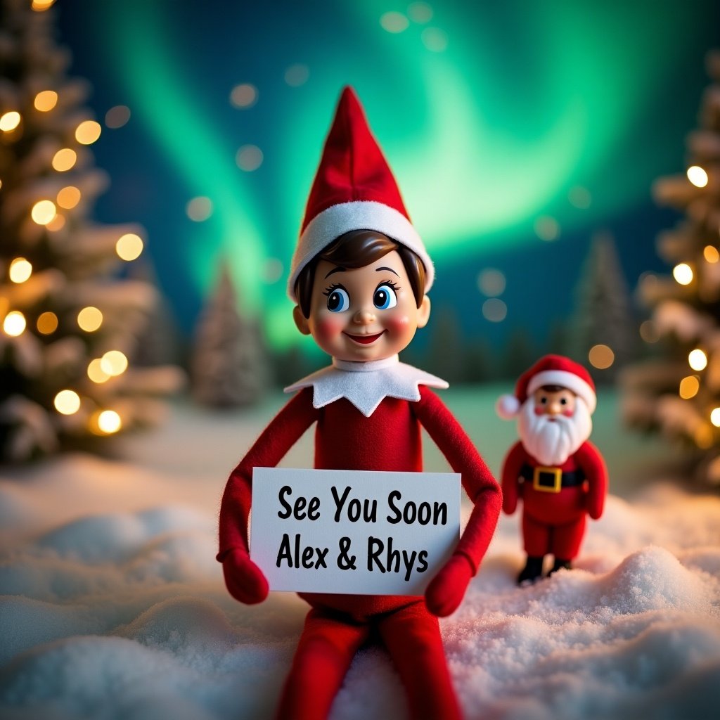 The image features an Elf on the Shelf character dressed in traditional Christmas colors, cheerfully holding a sign that says 'See You Soon Alex & Rhys'. The background showcases a winter scene with snow-covered trees and magical northern lights illuminating the night sky. Beside the elf is a friendly Santa figure, enhancing the holiday charm. Twinkling lights add to the festive ambiance, creating a warm and cheerful atmosphere. This scene perfectly captures the joy and anticipation of the Christmas season, making it ideal for holiday-themed content.