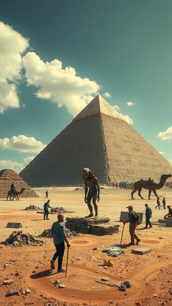 A surreal scene depicting an alien statue being excavated near an ancient pyramid in a desert landscape.