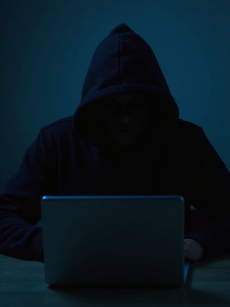 A hooded figure sits in a dimly lit room. The figure types on a laptop. The atmosphere is mysterious and tense. The color palette is dark with blue tones.