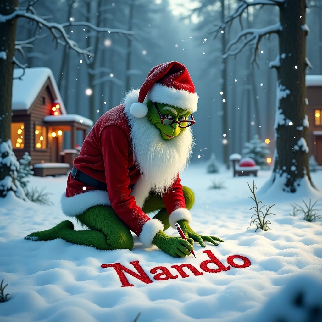 The Grinch is kneeling in a snowy forest. He is writing the name 'Nando' in the snow with a red marker. Snowflakes fall gently all around. The Grinch wears a Christmas outfit with a long white beard and glasses. Cozy cottages with lights are visible in the background. A magical Christmas atmosphere is present in the scene.