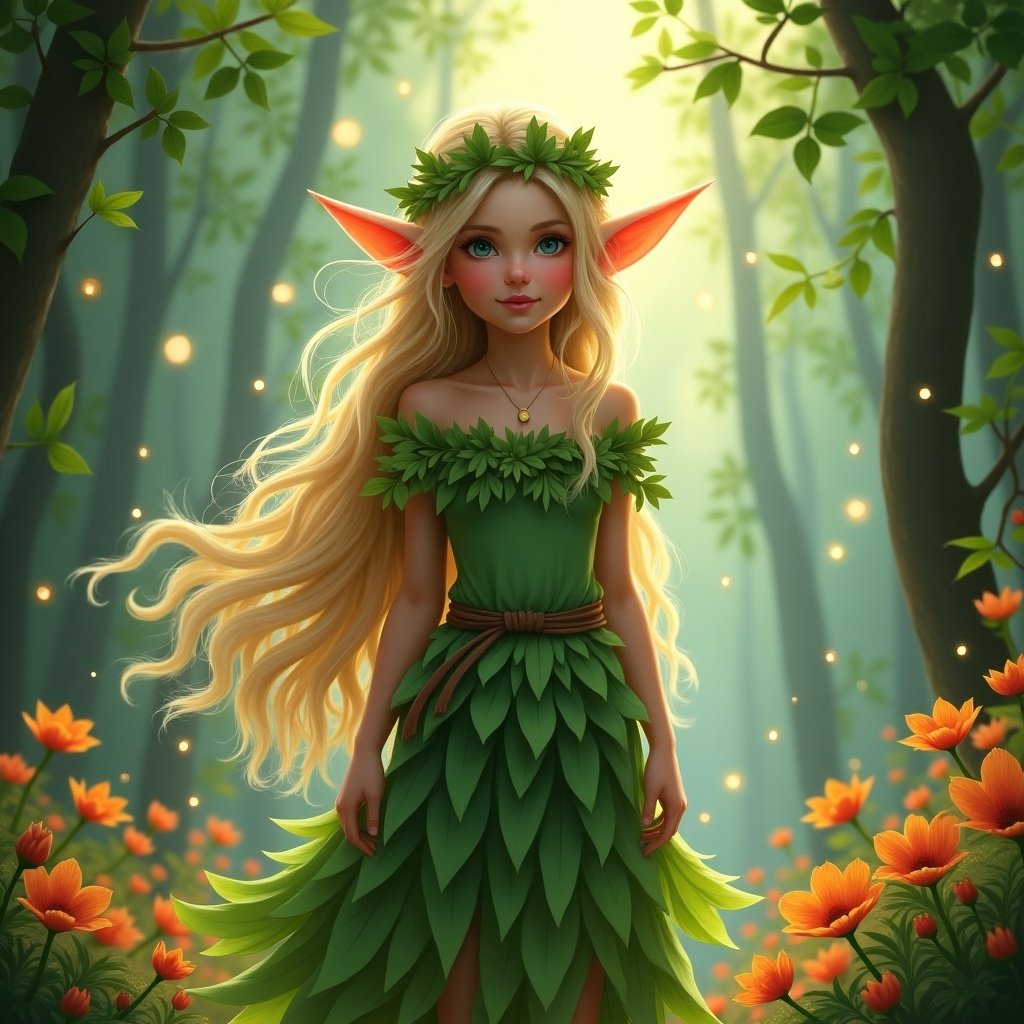 The image features a girl elf standing in an enchanting forest. She has long, flowing hair and is adorned in a dress made of leaves. The background is filled with vibrant flowers and soft, green foliage. A warm, magical light filters through the trees, creating an ethereal atmosphere. The elf has pointed ears and a serene expression, embodying the spirit of nature.