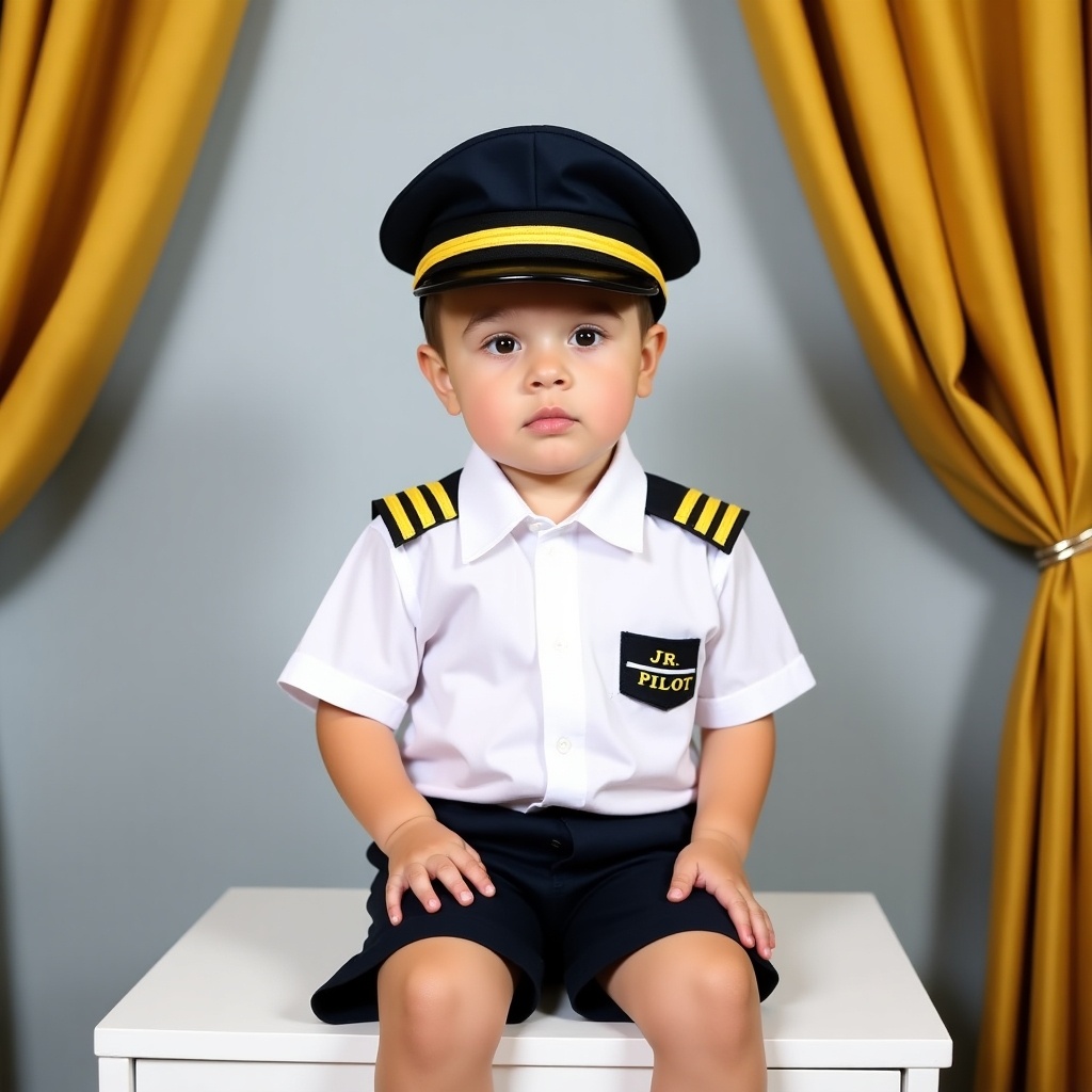 A young child dressed as a pilot sits on a table. The uniform includes a white shirt, black shorts, and a pilot cap. The shirt is detailed with epaulets and a name tag reading JR. PILOT. The child faces the camera with a neutral expression. The background is light gray with golden curtains, providing a playful yet professional look.