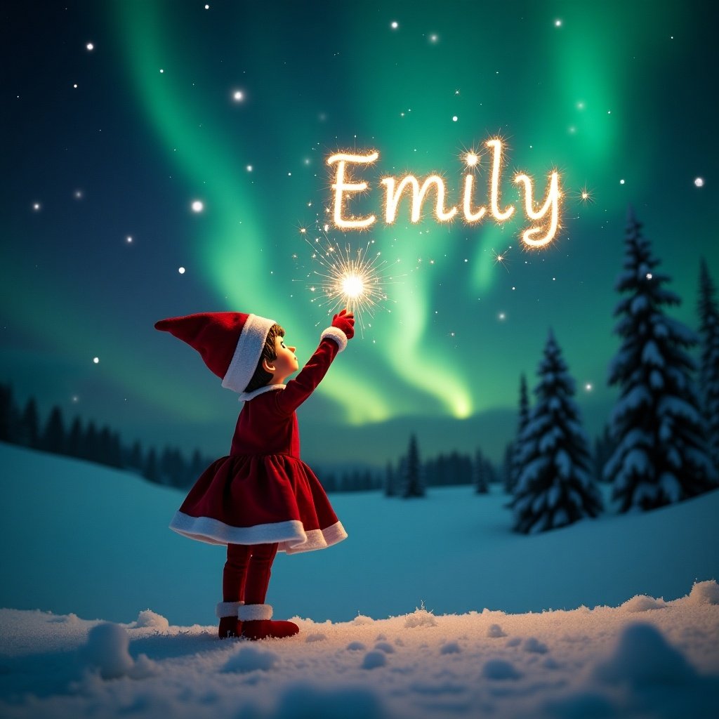 Enchanting scene with a girl elf on the shelf. Elf faced upwards with vibrant northern lights in the dark sky. Holding a magic wand, writing the name Emily in sparkling letters. Snow ground enhances the magical moment. Atmosphere filled with wonder and holiday joy.