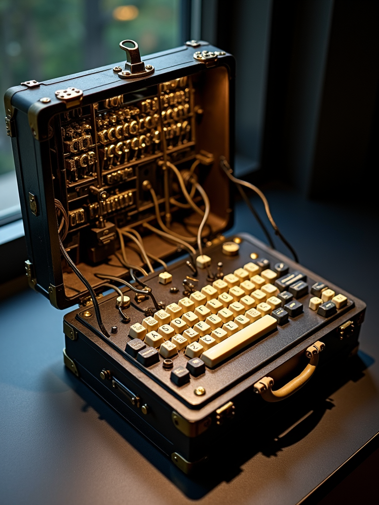 A suitcase is open to reveal an intricate setup resembling an old-fashioned encryption machine with keys and wires.