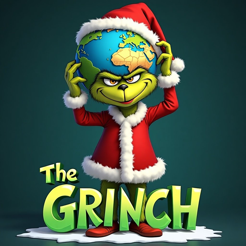 Image shows the Grinch in a Santa outfit. Holding the world on his head. Text in front says, 'The Grinch.'