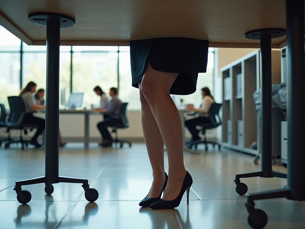 This image captures a unique perspective from underneath a conference table, focusing on a woman's legs dressed in professional attire and black high-heeled shoes. In the background, an open office scene unfolds with people working together at another table, absorbed in discussions. The overall feel is modern and dynamic, blending the work environment with an artistic angle.