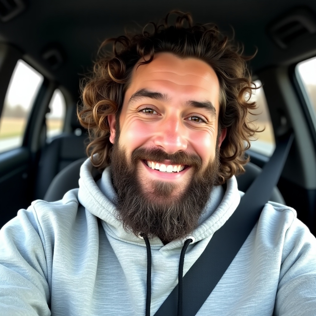 Man sitting in a vehicle wearing a gray hoodie. Long curly hair and full beard. Playfully smiling at the camera. Wearing a seatbelt in a car. Background shows soft lighting and vehicle interior.