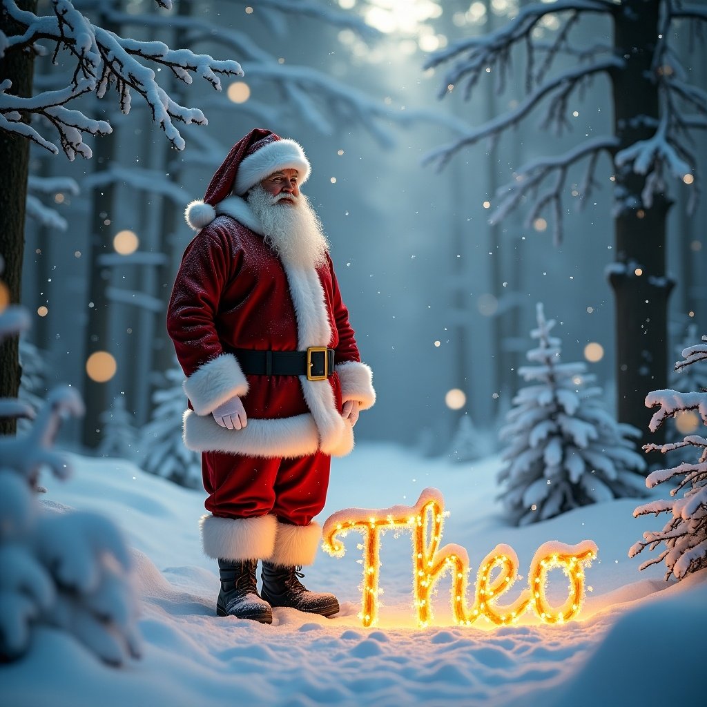 Magical Santa Claus figure standing in snow-covered forest. Name Theo displayed in glowing lights.