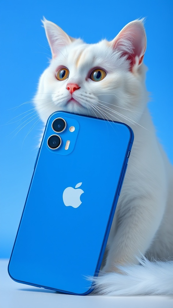 A white cat curiously poses with a blue smartphone against a matching blue background.