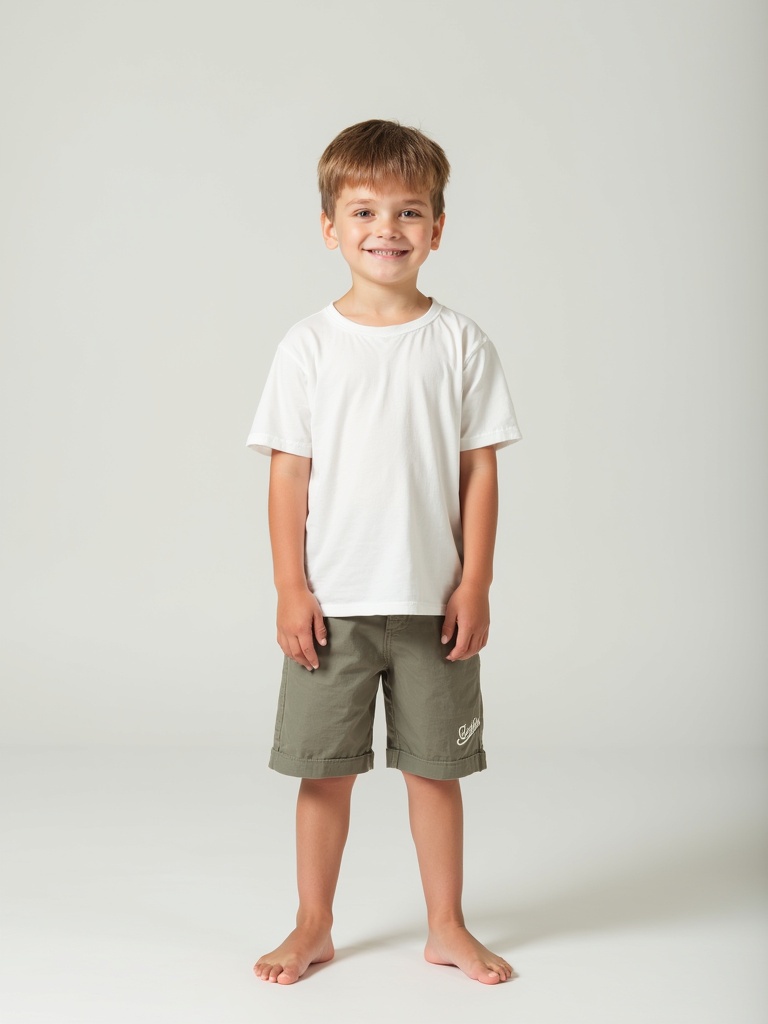 Photograph features an 11 year old white boy wearing casual shorts and a t-shirt. The child stands calmly against a light backdrop. The outfit is suitable for warm weather.