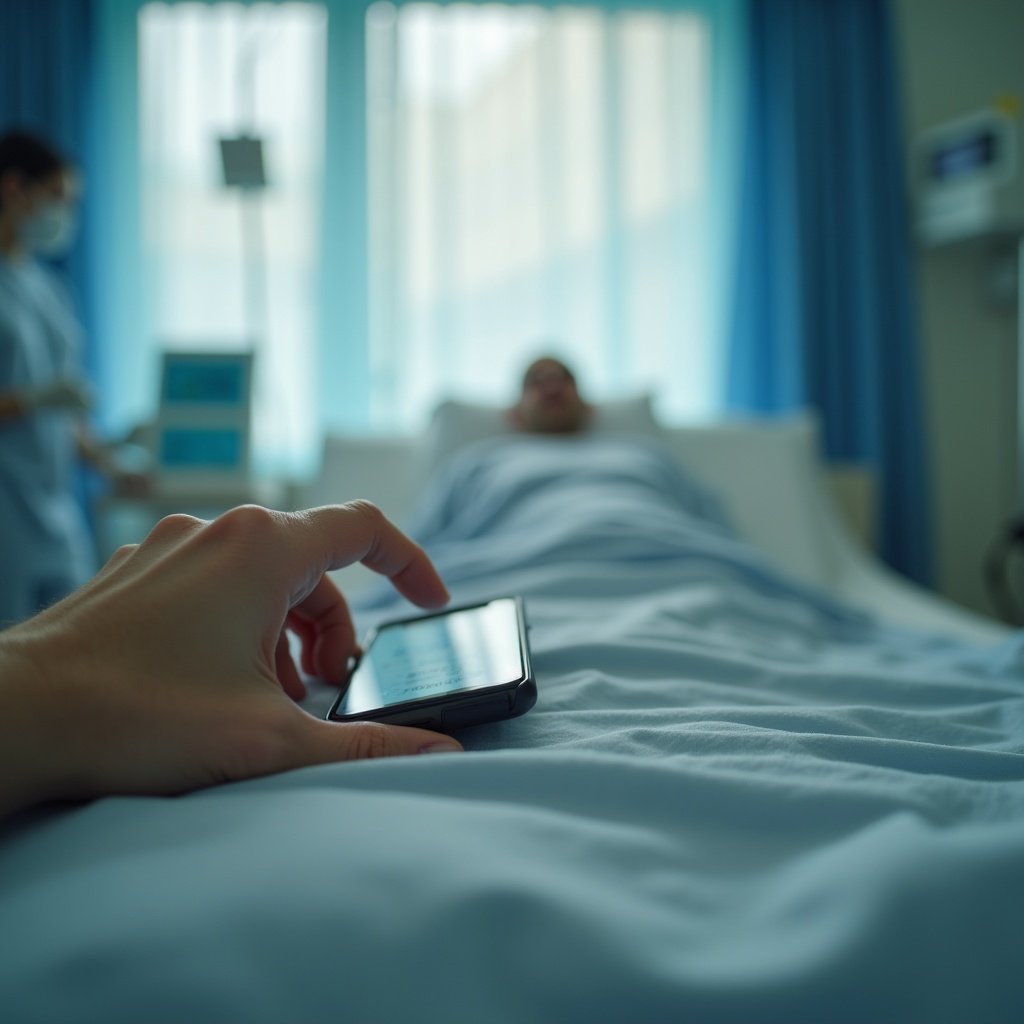 Photo taken from the perspective of a patient lying in a hospital bed. The patient's hand is holding a smartphone. The background shows a hospital room with soft blue curtains and natural light.