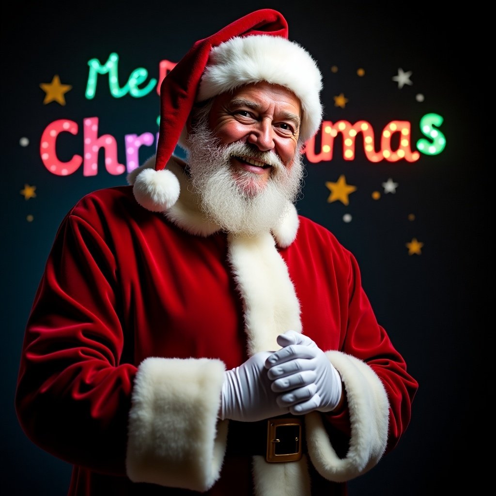 This image features Santa Claus dressed in his iconic red and white suit. With a jolly and welcoming expression, he embodies the warmth and cheer of the holiday season. The dark backdrop enhances the colorful glowing text that reads 'Merry Christmas,' setting a festive mood. Santa's presence radiates joy, celebrating the magic of Christmas. A perfect illustration of holiday spirit, this scene invites everyone to embrace the festive atmosphere.