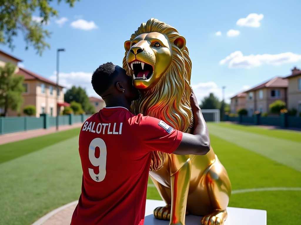 A young man in a red jersey hugs a golden lion statue on a lush, green soccer field. The scene is bright and vibrant, with clear skies and a suburban backdrop. The embrace symbolizes strength and courage, with a harmonious blend of man-made art and natural surroundings.