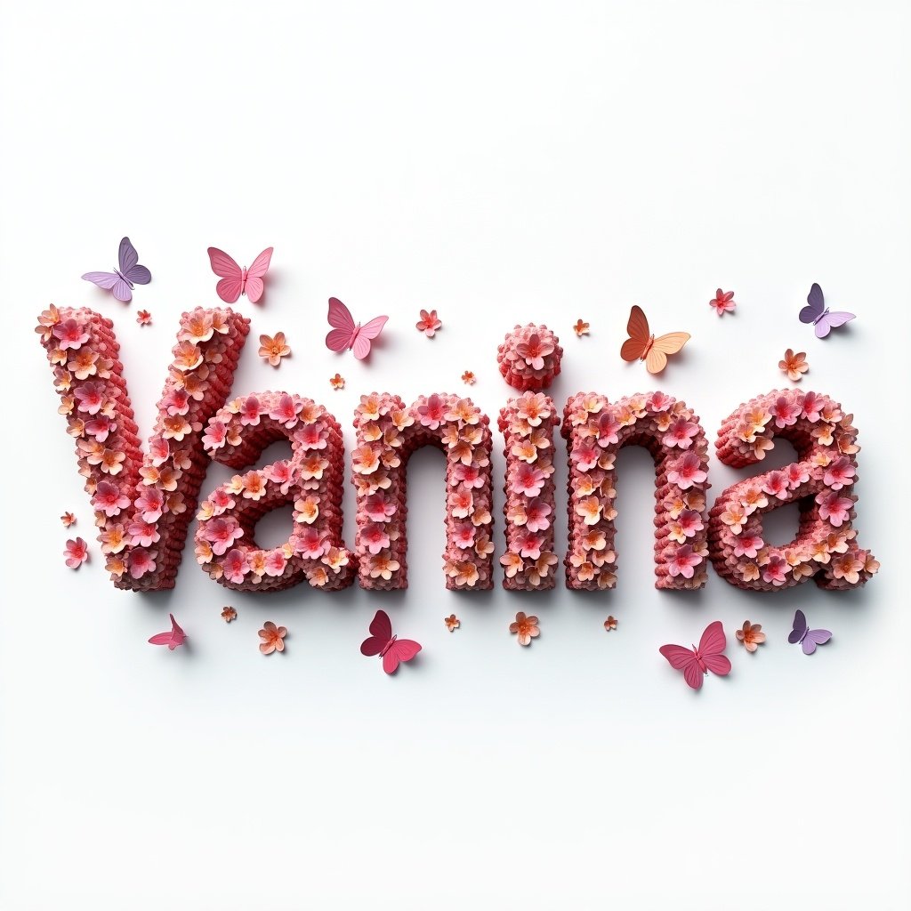 Create a name in 3D that says Vanina with multiple colors. Cover with beautiful butterflies and flowers.