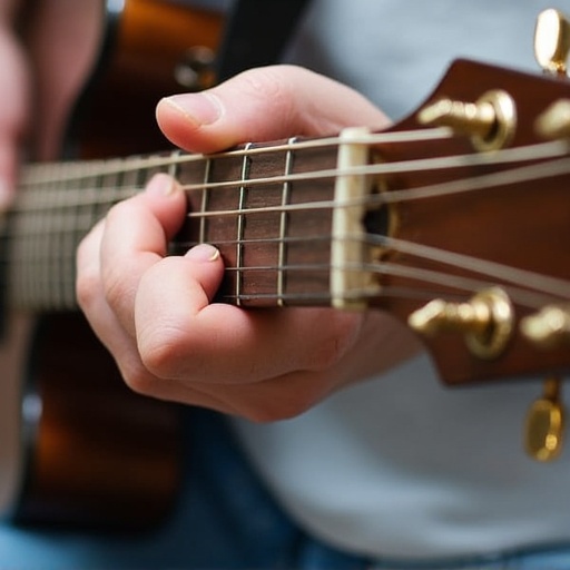 Showcase a guitar player's hand on the fretboard. Capture the fretboard and guitar neck from an over-the-shoulder angle. Focus on the strumming hand and the strings. Natural setting with soft lighting and a close perspective.