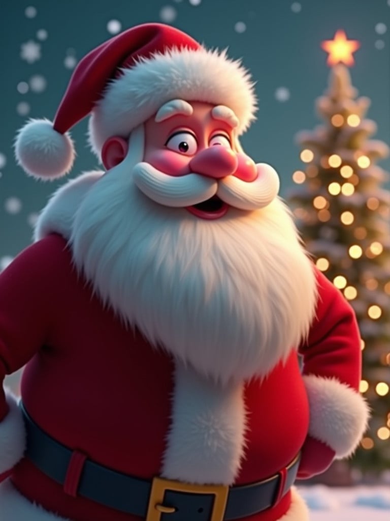 Animated GIF of Santa Claus performing a playful kissing motion. Santa leans forward slightly while puckering his lips in a humorous manner. His rosy cheeks glow with holiday cheer. Background features twinkling Christmas lights, falling snowflakes, and a glowing Christmas tree. Santa wears a classic red suit. Movement should highlight his charm and humor for a joyful effect.