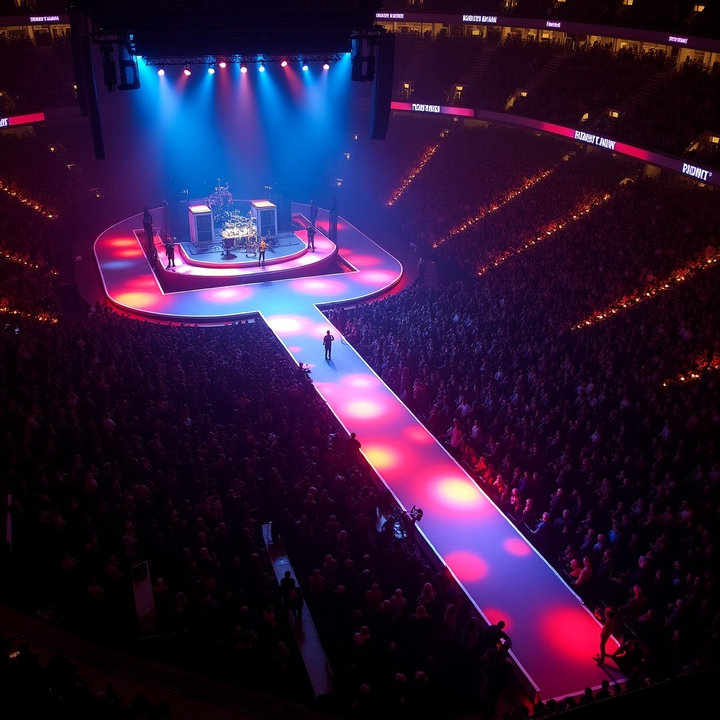 This image captures a stunning aerial view of a concert featuring Roddy Rich at Madison Square Garden. The focus is on a uniquely designed T-shaped stage illuminated with vibrant colors, creating an inviting atmosphere. The audience is visible, filling the venue with enthusiasm and energy. The dynamic lighting enhances the scene, reflecting the excitement of a live performance. It is an impressive demonstration of modern concert design and production.