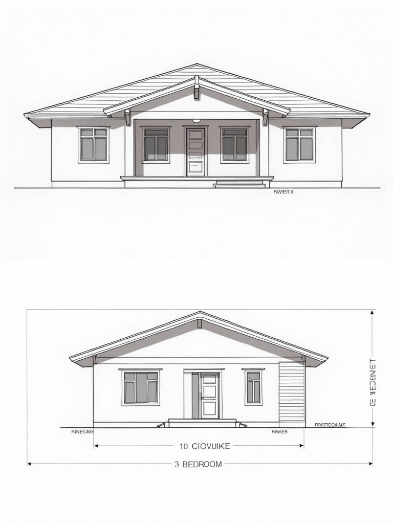 Bungalow house with three bedrooms designed using AutoCAD. Elevation and section views are depicted. Clear and detailed architectural layout.