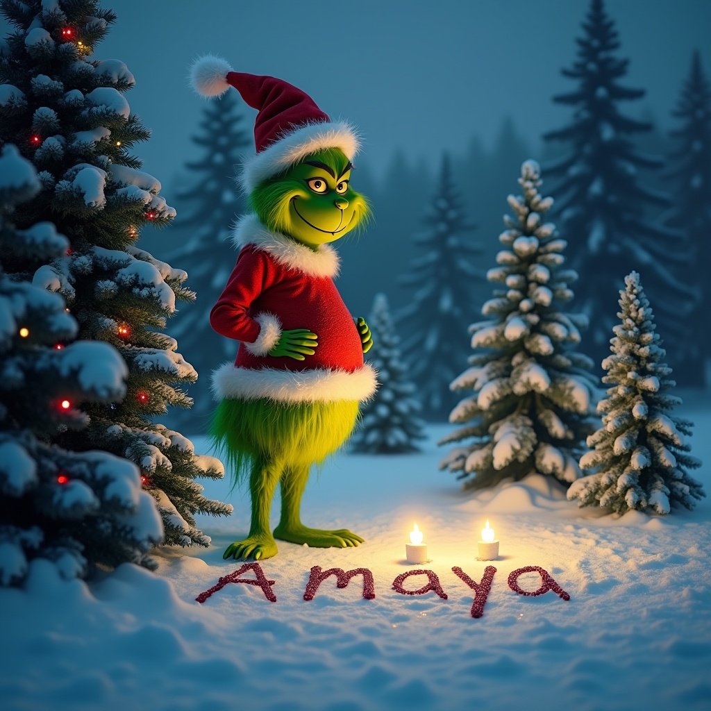 The Grinch stands outside in the snow, surrounded by Christmas trees. He is wearing a Santa hat and red outfit. He writes the name Amaya in the snow.