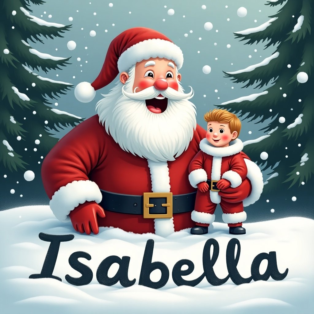 Santa Claus writes the name Isabella in snow. He wears a red suit and has a cheerful smile. He holds a babydoll. Snowflakes are falling. Evergreen trees are in the background. Captures Christmas spirit and joy.