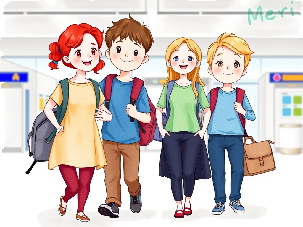 This illustration features four animated characters with backpacks, seemingly on an exciting journey through a bright, modern environment that resembles an airport or train station. The scene emits a vibrant and cheerful energy, with each character donning casual travel attire and a welcoming smile. The background is airy with soft colors, providing a sense of movement and anticipation.