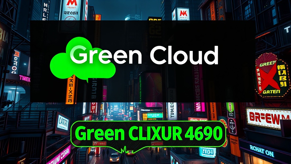 This image showcases a futuristic cityscape drenched in neon lights with colorful signage adorning the buildings. The central focus is a bright green cloud with the word 'Green' on it, emphasizing eco-futuristic technology. The scene is vibrant and lively, reminiscent of cyberpunk visual aesthetics.