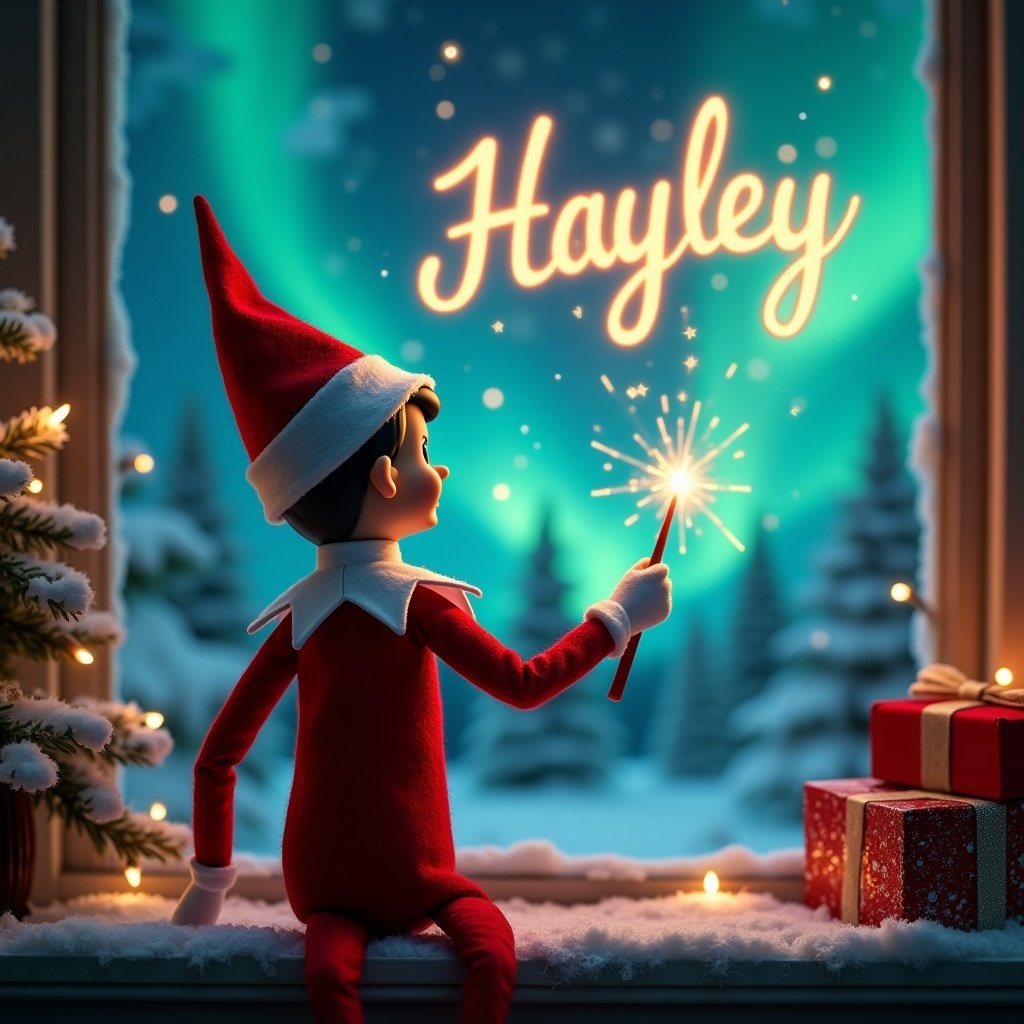 Enchanting Christmas scene featuring elf on the shelf. Elf dressed in red and white. Elf writing 'Hayley' with magic wand. Vibrant northern lights in the backdrop. Scene captures festive spirit with whimsical twist.