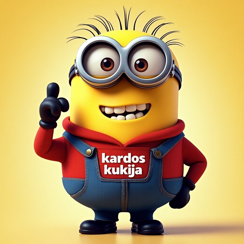 A minion character with a playful pose. The character has a yellow body and wears blue overalls. A red shirt displays the words 'kardos kukija'. The character has large round glasses and features a cheerful expression.