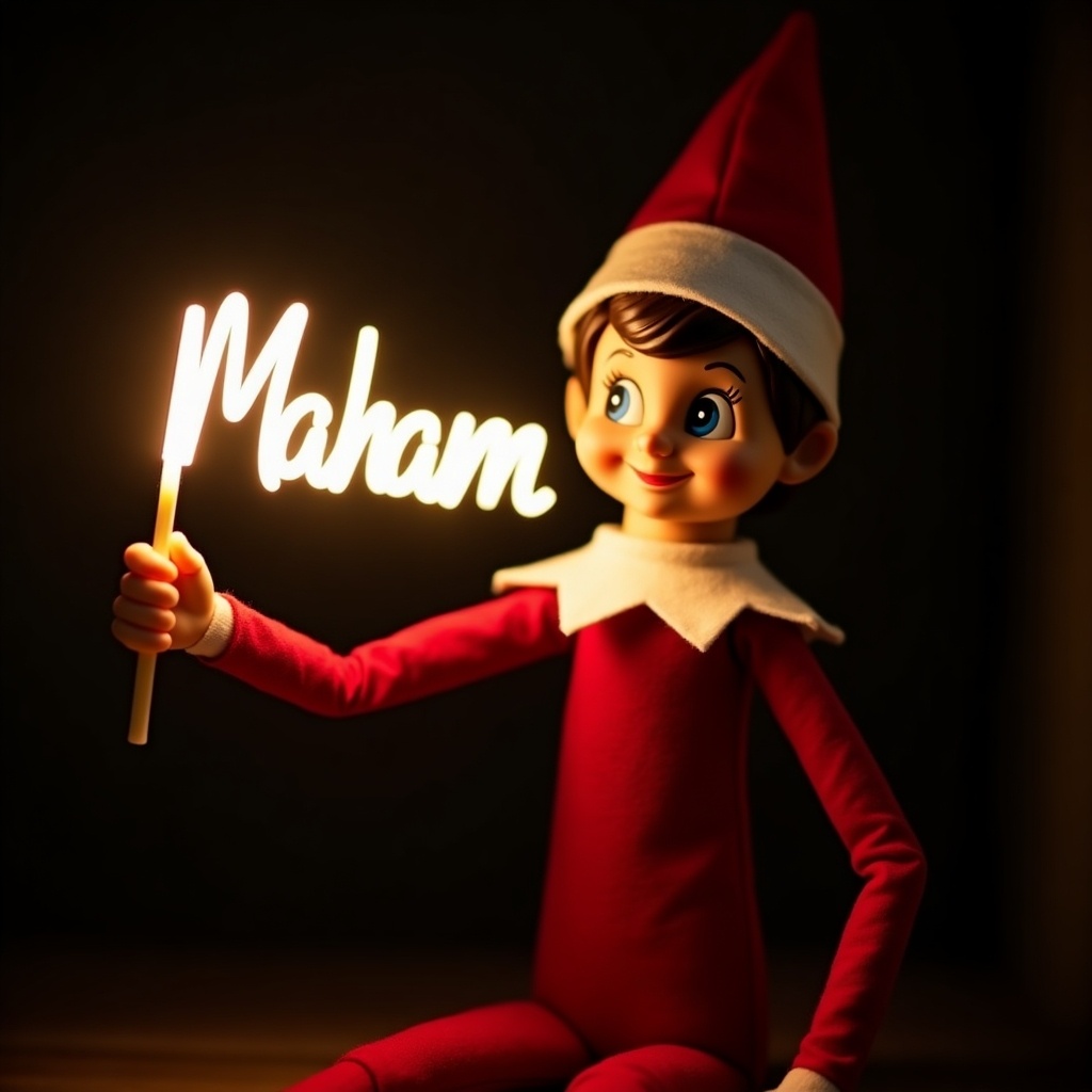 Elf on the Shelf character sits dressed in red and white attire. Elf holds a glow stick displaying the name 'Maham'. Background is dark with a warm glowing effect. Scene evokes holiday cheer and magic.