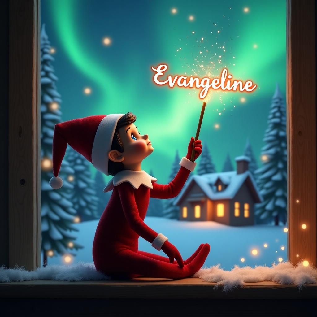 Elf on the shelf sits gazing skyward while holding a glowing wand. Colorful northern lights illuminate a snowy landscape. Cozy house can be seen in the background. The name Evangeline glows in the air. Photorealistic style suitable for holiday themes.