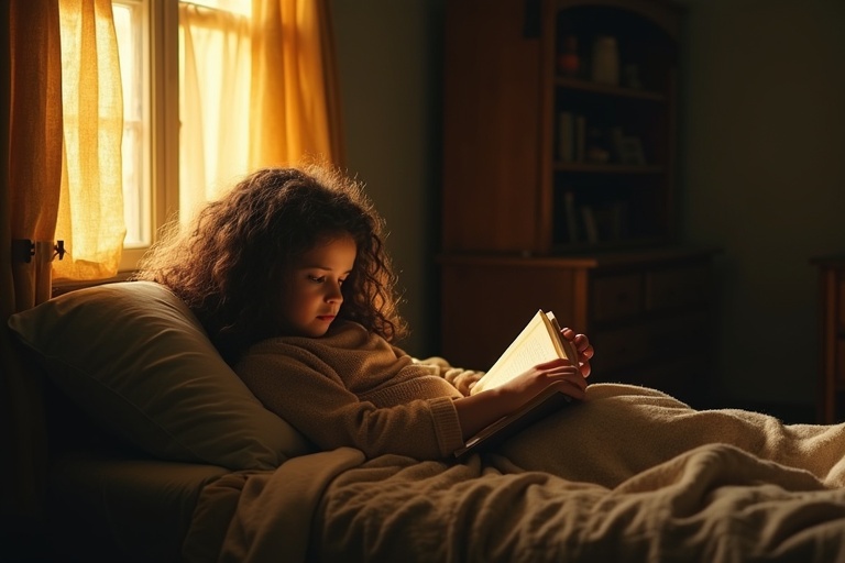 A girl with long dark brown curly hair lies on a bed. She is reading a book. The room has old and gloomy decor. Poor furnishings surround her. Warm light enters through the window and illuminates the scene.