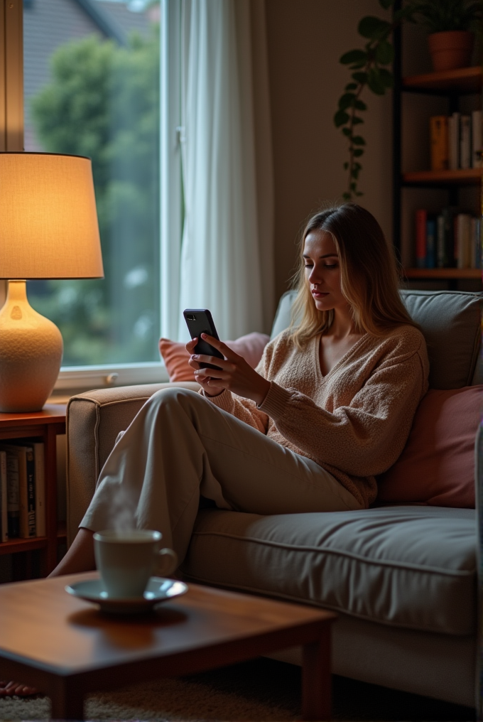 A woman sits on a sofa by a softly lit lamp, engrossed in her smartphone in a cozy living space.