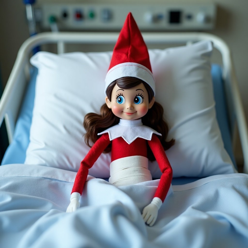 Elf on the shelf girl doll flat on hospital bed. Medical equipment sits in background. Doll has bandages wrapped around torso.