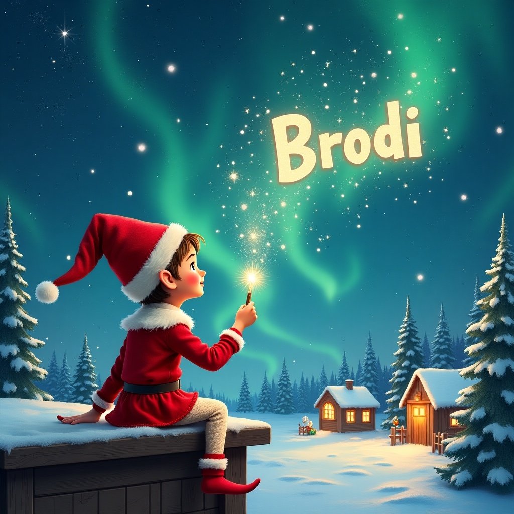 An elf sits on a wooden ledge with its back to the camera, gazing at a magical sky. Dressed in a red outfit with a pointed hat, the elf holds a sparkling wand. With the wand, the elf writes the name 'Brodi' in the starry sky. The scene is painted with a snowy landscape, charming little houses, and evergreen trees under shimmering Northern Lights. This whimsical depiction captures the essence of childhood magic and Christmas cheer. The elf elegantly adds the names 'Natasha' and 'Ada' in the same starry sky, enriching the magical atmosphere.