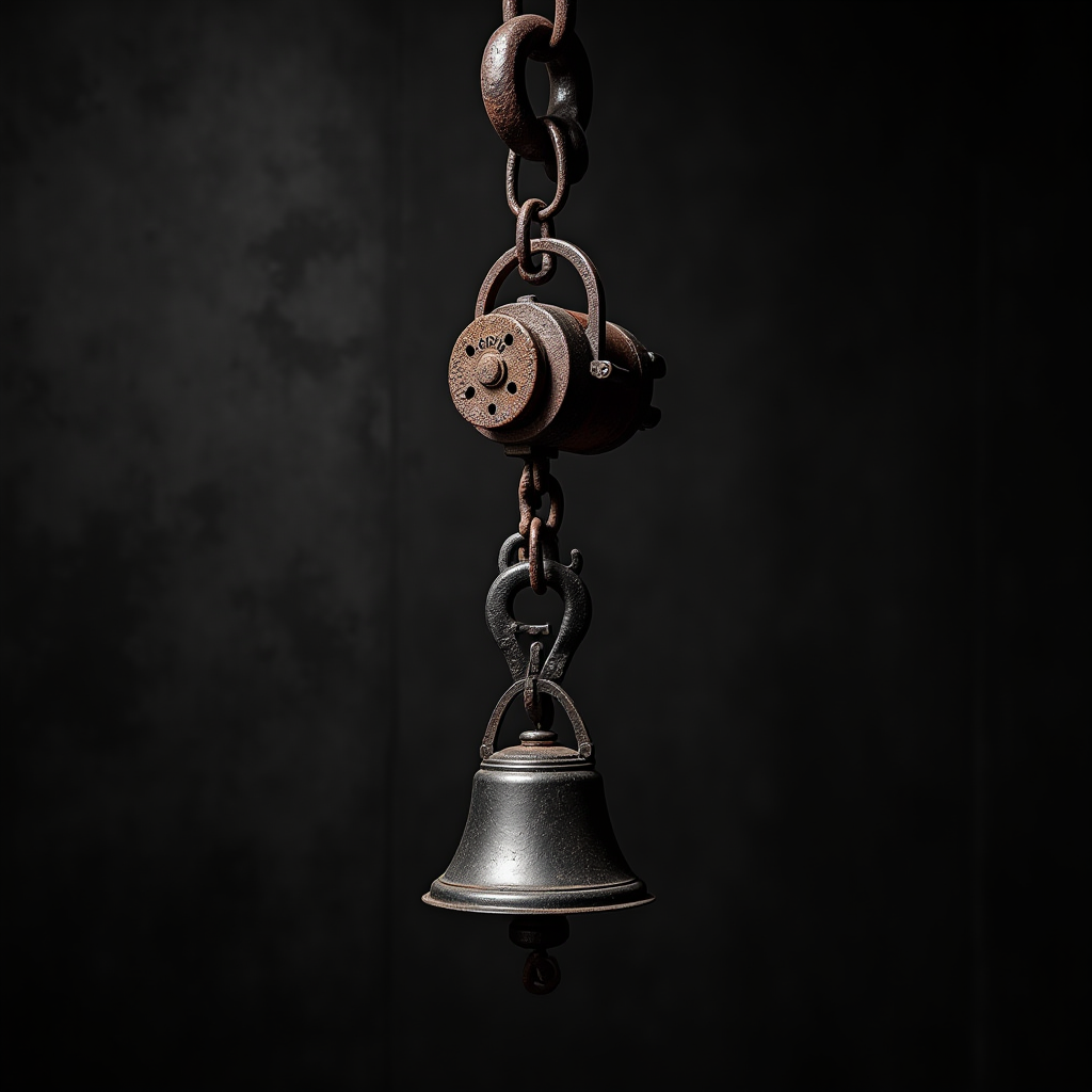 A solitary metal bell hangs suspended from a chain in dim lighting, evoking a sense of nostalgia and timelessness.