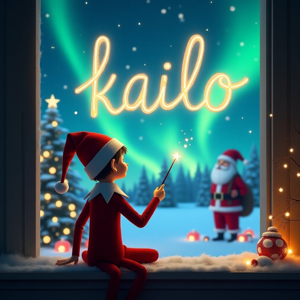 The scene portrays an elf on the shelf with his back to the viewer, gazing out of a cozy window. He elegantly writes 'kailo' in the night sky using his magic wand. The background features a breathtaking display of northern lights above a snowy landscape. In the distance, Santa Claus is seen, enhancing the magical Christmas vibe. The overall atmosphere is joyful and festive, perfect for the holiday season.