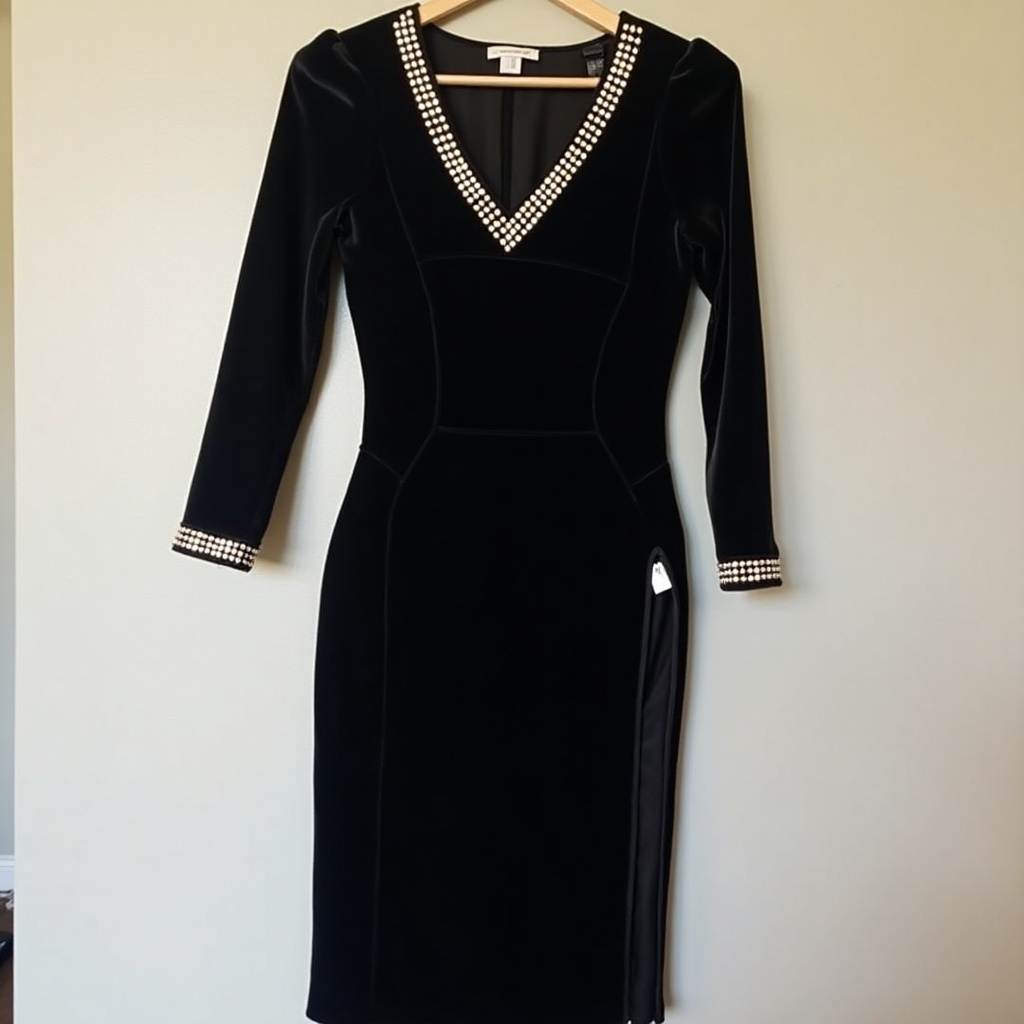 This image showcases an elegant black dress designed for special occasions. It features a luxurious velvet fabric that adds a touch of class. The dress has long sleeves with slight shoulder padding for structure. A striking V-neck collar leads to sparkling embellishments that enhance its sophistication. The bodycon fit and side slit provide a flattering silhouette, making it an ideal choice for formal events.