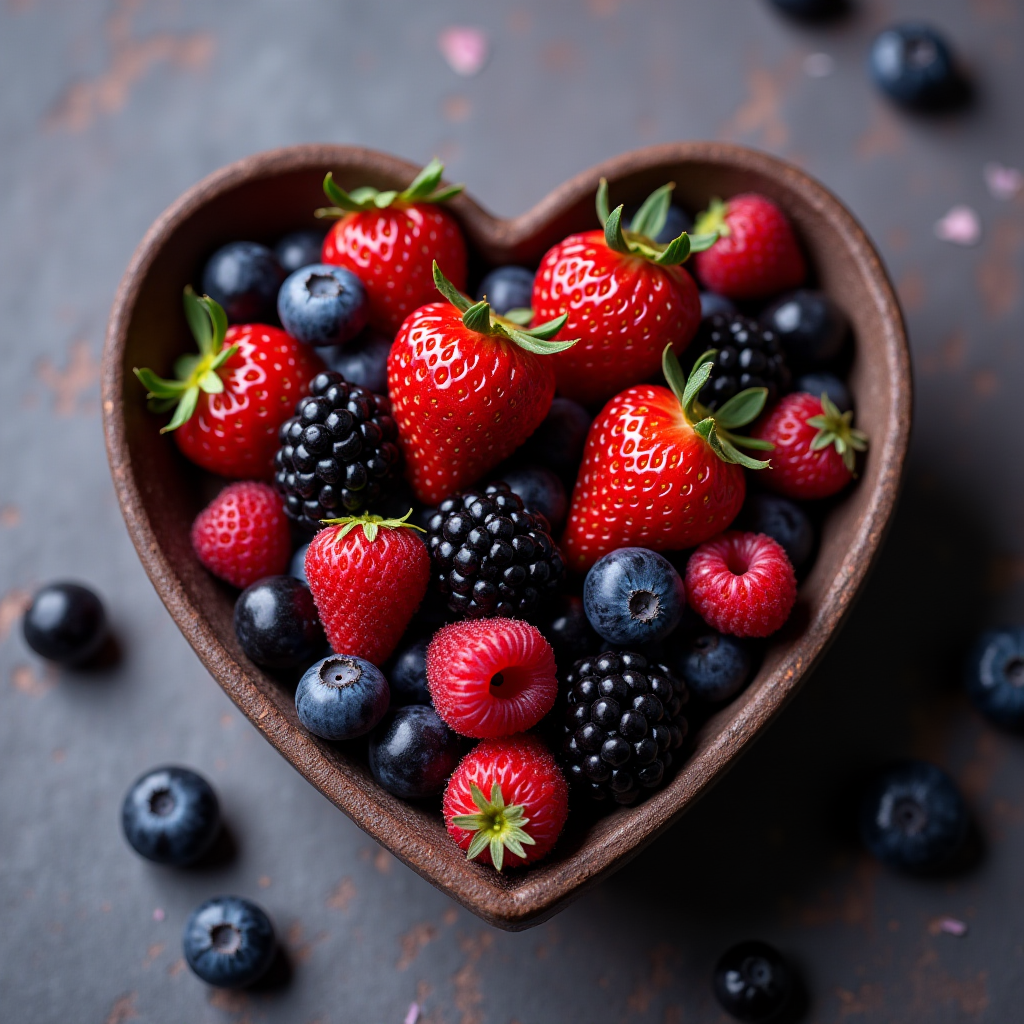 A heart-shaped bowl filled with fresh strawberries, blueberries, raspberries, and blackberries on a textured, dark background.