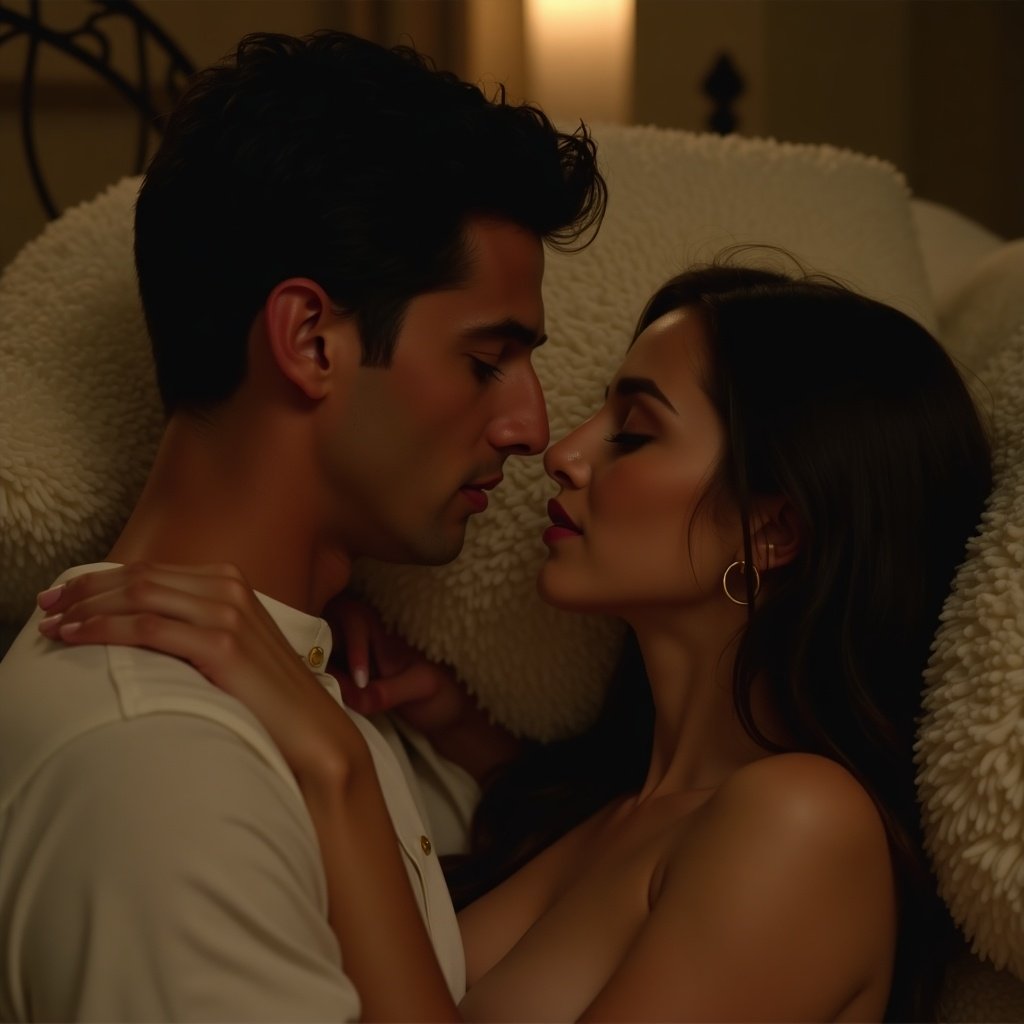 A romantic close-up of a couple sharing an intimate moment in a softly lit room. They are gazing into each other’s eyes, highlighting their connection. The scene is warm and inviting, with a focus on their closeness.