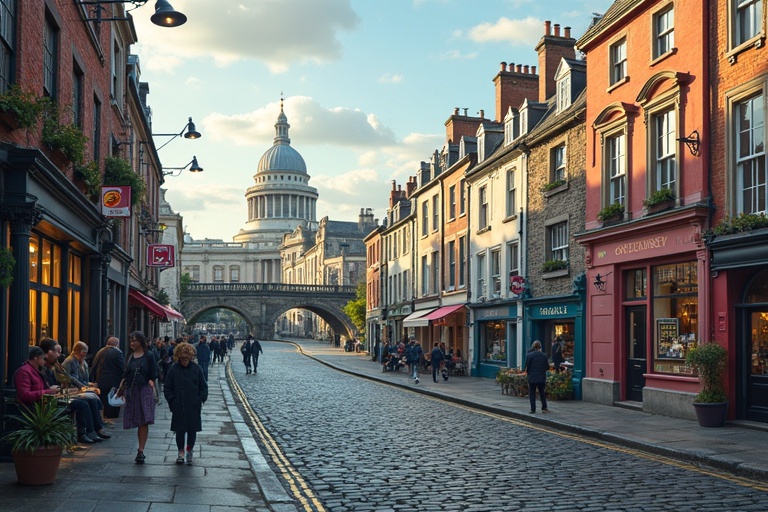 A view of a vibrant Dublin city street with historic buildings. Crowds gather for shopping and dining. St. Paul's Cathedral rises in the background under a clear sky. Early evening golden light bathes the scene. Cobblestone streets enhance its charm.