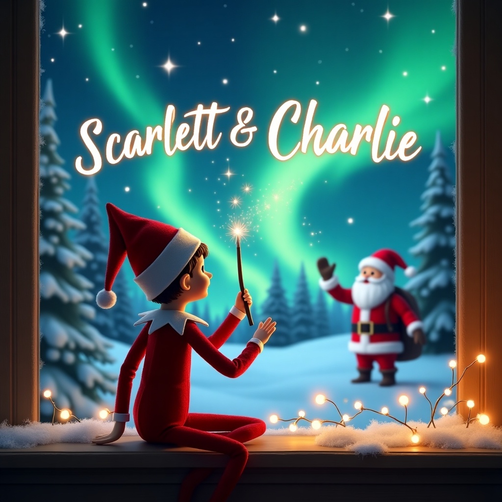 Elf on the shelf faces the sky using a wand to write in the sky. Magical Christmas scene includes northern lights and Santa Claus. Names Scarlett and Charlie appear written in the sky.