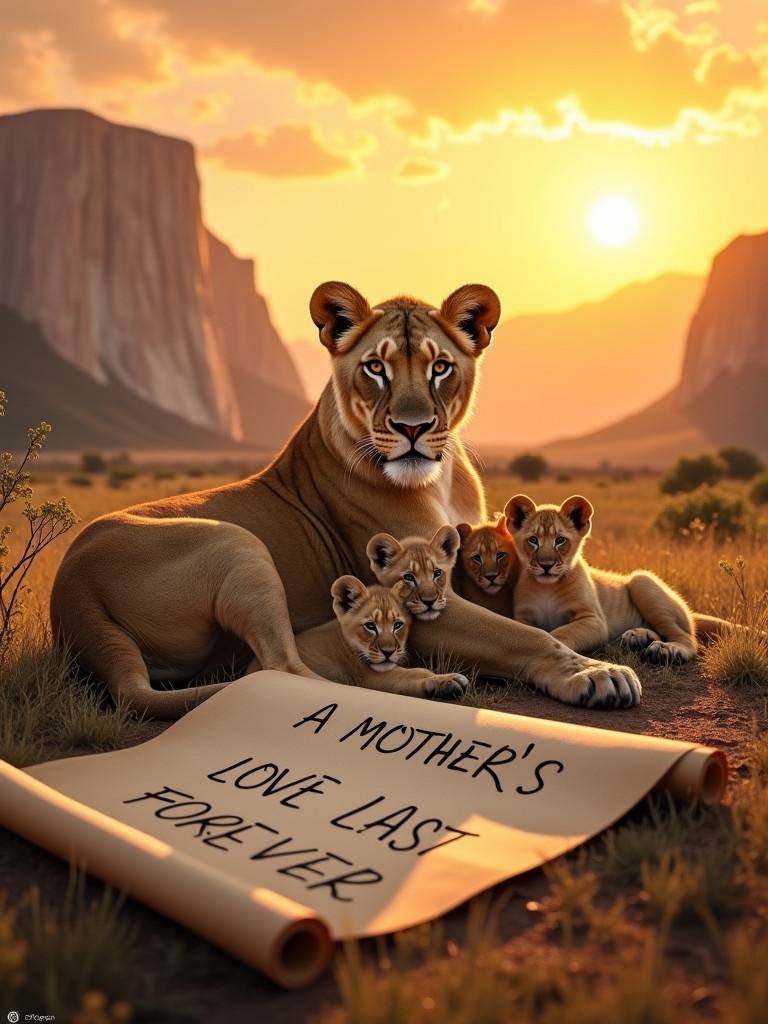 Majestic lioness rests with her five adorable cubs at sunset. Towering mountains form the backdrop. A scroll displays the message A MOTHER'S LOVE LASTS FOREVER. The scene evokes warmth and tenderness.