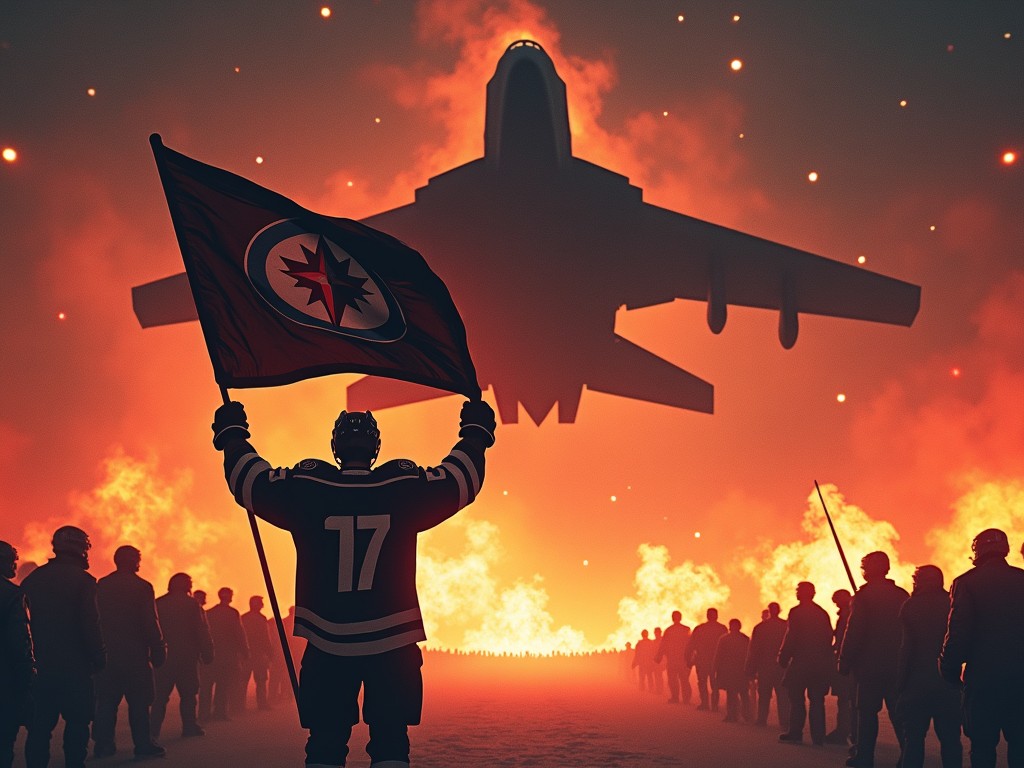 This image captures a dramatic moment where a hockey player, silhouetted against a backdrop of flames, holds a flag with a prominent symbol. The setting suggests a tense atmosphere, hinting at conflict or a significant event. An aircraft looms overhead, adding to the sense of urgency and power in the scene. The color palette features intense reds and blacks, enhancing the dramatic mood. Viewers might feel a mixture of excitement and fear while looking at this bold representation of sports and national identity.