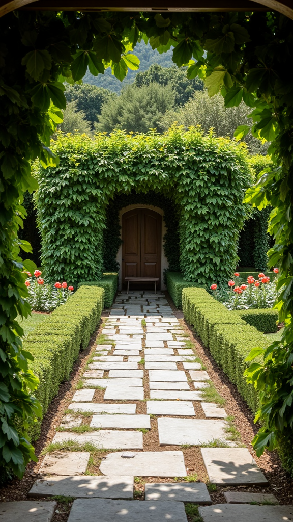 A stone path lined with manicured hedges and red flowers leads to a wooden door framed by lush greenery, with trees in the background.