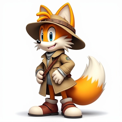 Tails wears a trenchcoat and a pith helmet. He stands confidently with a friendly smile. The background is white. His fur is orange and cream. The outfit is stylish and suitable for exploration.