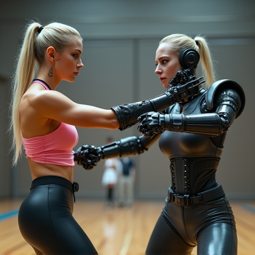 Blonde woman with robotic arm engages in karate duel against female droid. Sci-fi gymnasium setting. Woman wears pink top, black latex leggings, military boots. Eye patch covers left eye, scar on face. Attractive physique is emphasized.