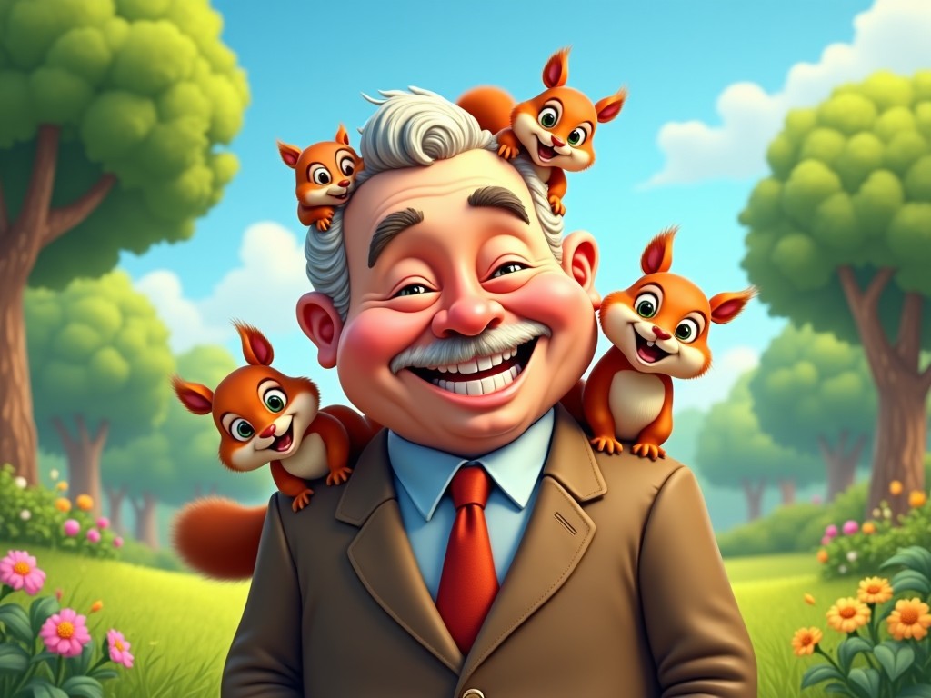 A cheerful man stands in a sunny forest, surrounded by playful squirrels. He has a big smile and a stylish suit. The squirrels are perched on his shoulders and playfully interacting with him. The background features lush greenery and vibrant flowers under a clear blue sky. The scene conveys a sense of joy and companionship with nature. Bright colors add to the whimsical atmosphere.