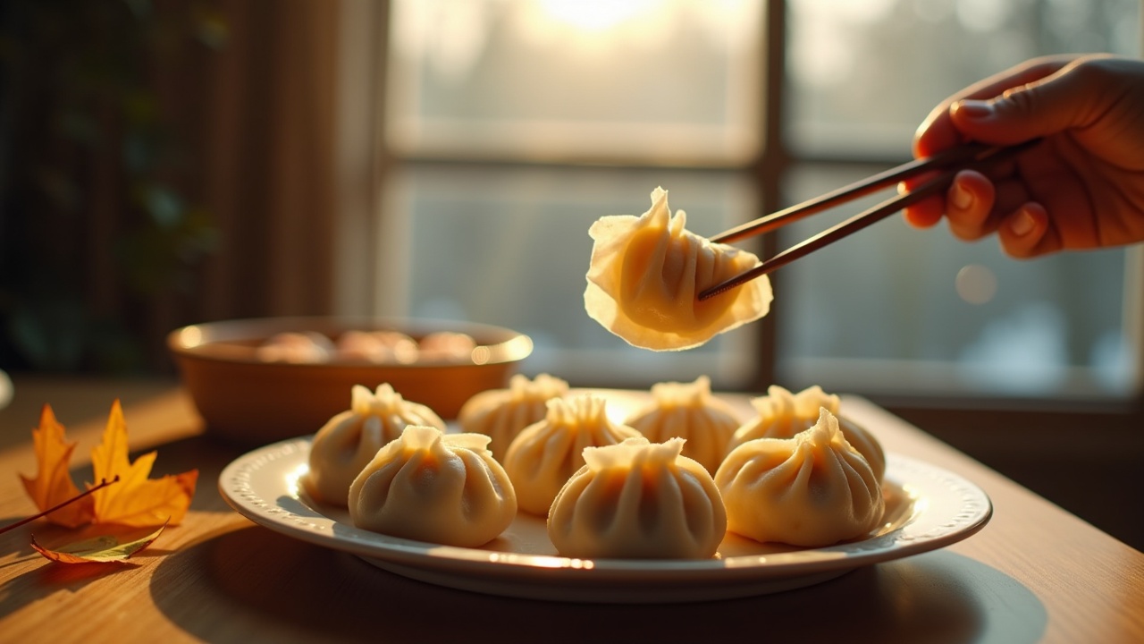 The scene depicts a warm, inviting moment centered around eating dumplings at the start of winter. A hand gracefully lifts a dumpling with chopsticks, its delicate skin showcasing the vibrant fillings of vegetables and meat. Several other dumplings rest neatly on a plate, their appealing shapes and hues inviting. Outside the window, hints of frost and fallen leaves are visible, emphasizing the seasonal transition. The dining table features a few yellow leaves, symbolizing the change in seasons and adding to the overall warmth of the scene. The soft, rich lighting enhances the cozy atmosphere, epitomizing the joy of family gatherings during harvest time.