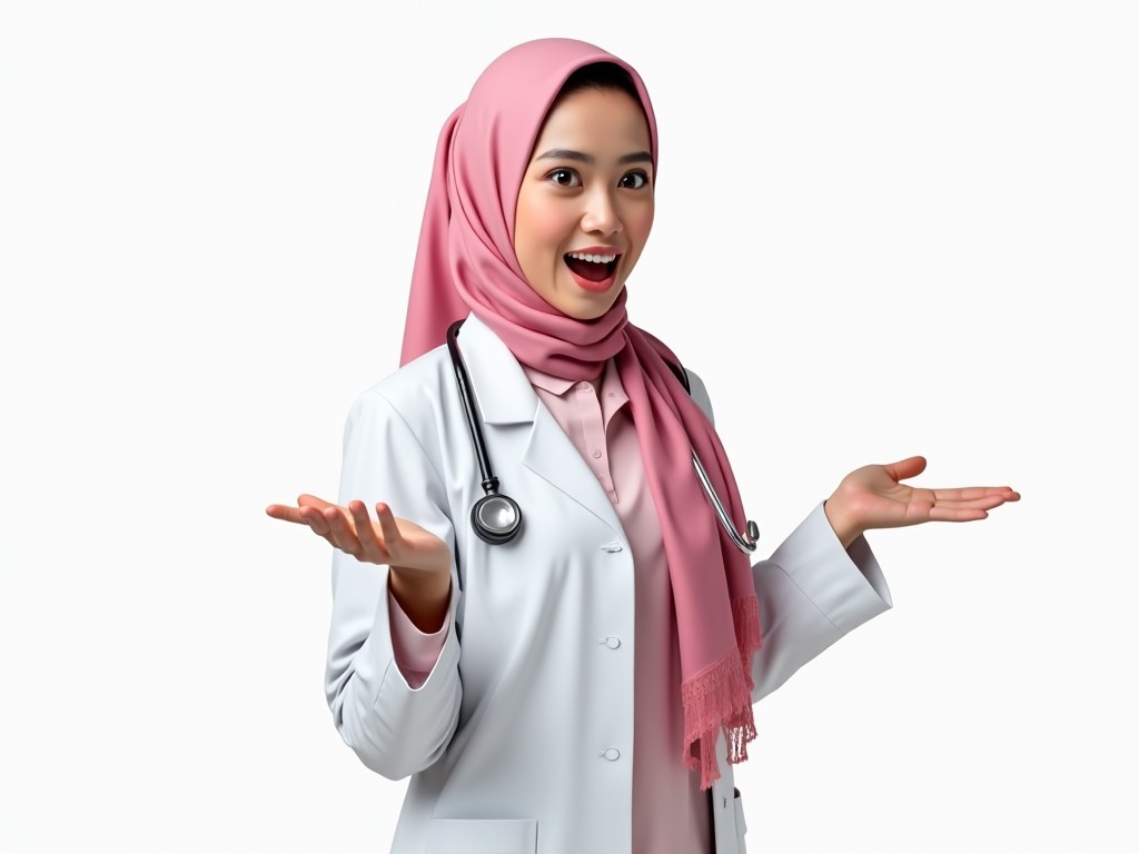 This hyper-realistic image features a pretty Malaysian doctor in a pink hijab. She is presenting with both hands, showcasing something to her side while sporting an amazed expression. The image is highly detailed, rendered in 8k resolution. The background is plain white, ensuring the focus remains on her professional demeanor. The soft color palette adds a warm and inviting touch to the overall composition.