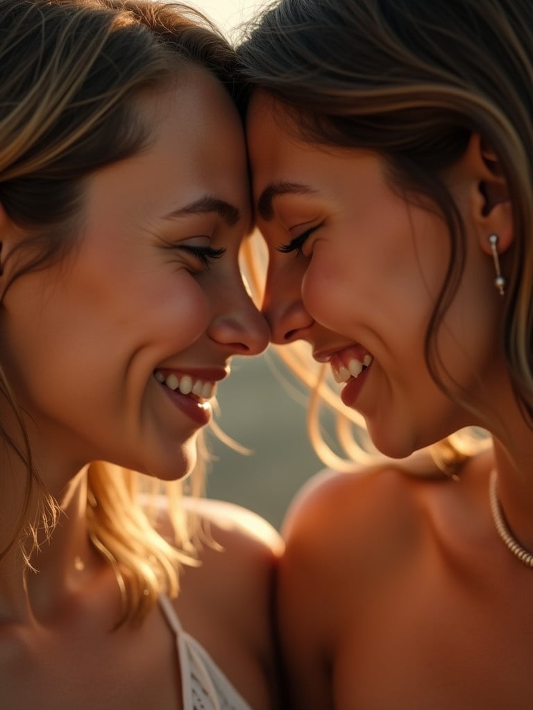 Two young women capture a tender moment by leaning into each other. Their noses nearly touch. Warm lighting enhances their features. Unique beauty shown by an upturned nose and medium-sized nose. Joyful and playful expressions reveal deep connection. Background is softly blurred for focus.